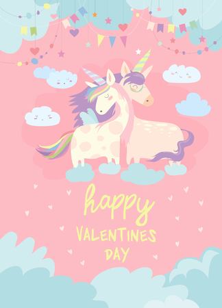 Cute card with fairy unicorns in loveのイラスト素材