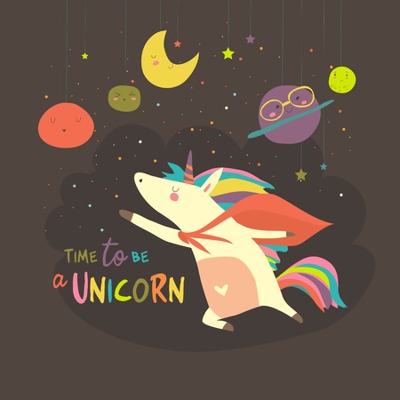 Magic cute unicorn in cartoon style. Time to be a unicornのイラスト素材