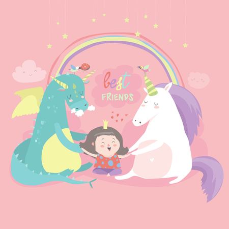Cute cartoon dragon, unicorn and little girlのイラスト素材