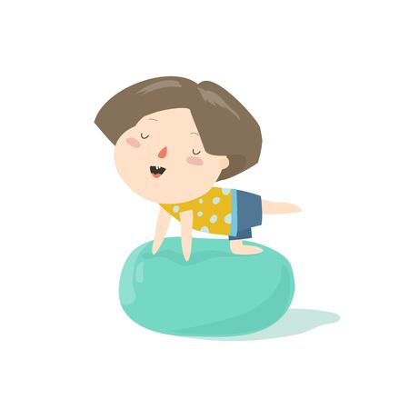 Smiling boy sitting on a pilates ball. Colorful cartoon character vector Illustrationのイラスト素材