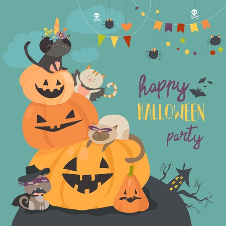 Happy halloween with pumpkin and cute cats in carnival costumes. Vector illustrationのイラスト素材