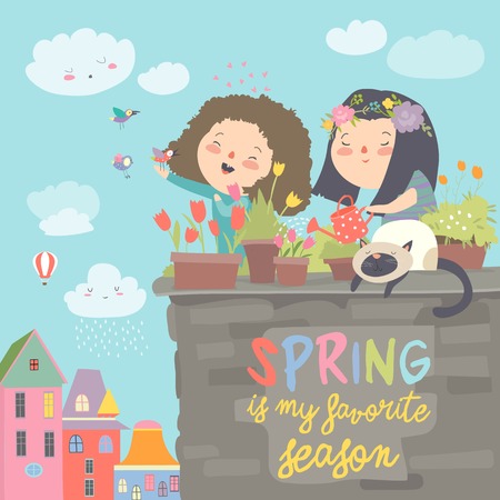 Cute girls standing on a balcony holding watering can in her hand and watering flowers in a pot. Vector spring illustrationのイラスト素材