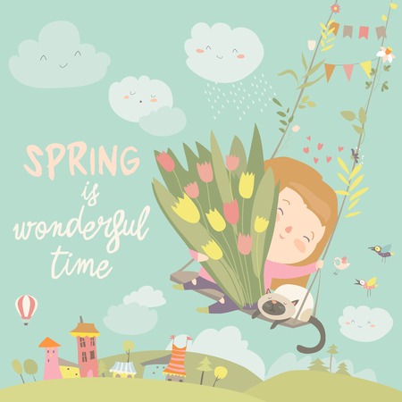 Girl sitting on swing with spring flowers. Vector illustrationのイラスト素材