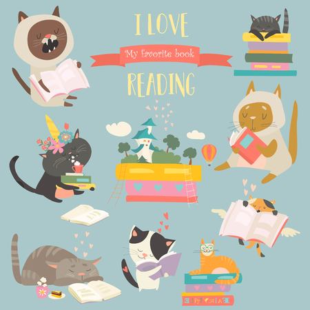 Cute funny cartoon cats reading books. Vector illustrationのイラスト素材