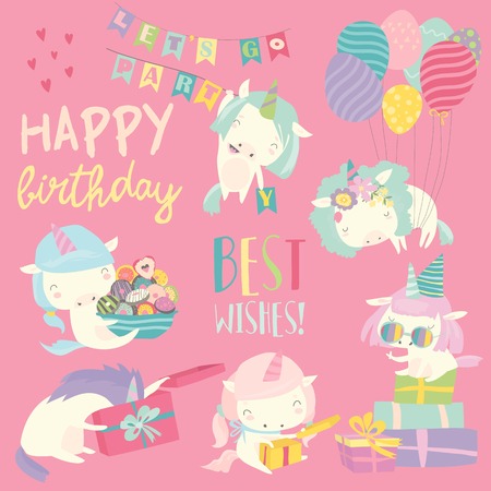 Vector set illustration of cute white unicorns with birthday themeのイラスト素材