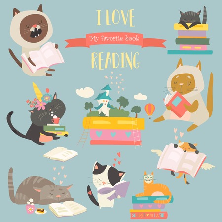 Cute funny cartoon cats reading books. Vector illustrationのイラスト素材