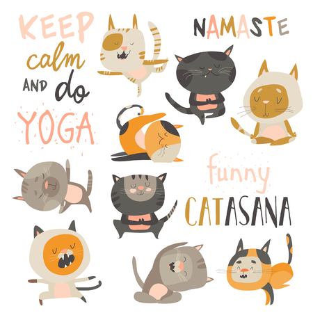 Cute cats in yoga postures. Vector collection on white backgroundのイラスト素材