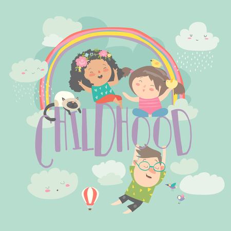 Cute children with rainbow. happy childhood. Summer backgroundのイラスト素材