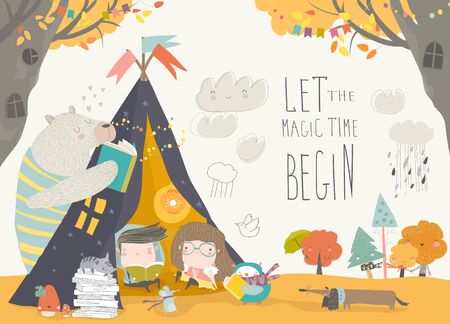 Kids reading book with animals in a teepee tentの販売画像