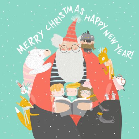 Santa Claus reading books with happy kids and animalsのイラスト素材