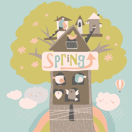 Cute little birds and birdhouse on spring tree. Vector illustrationのイラスト素材
