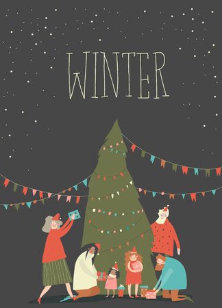 Cartoon happy family celebrate Christmas. Joyful emotionsのイラスト素材