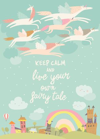 Cute magic unicorns flying above little townのイラスト素材