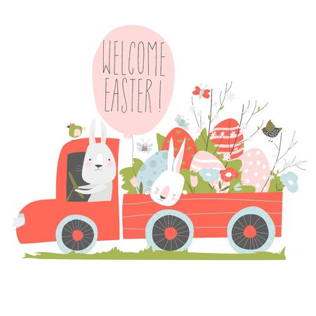 Cute cartoon bunny driving a car with easter eggsのイラスト素材