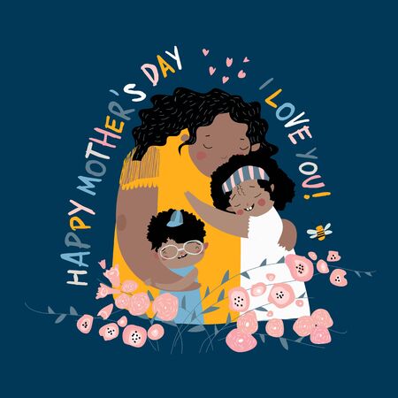 Cute mother hugging their children. Happy mothers day. Vector illustrationのイラスト素材