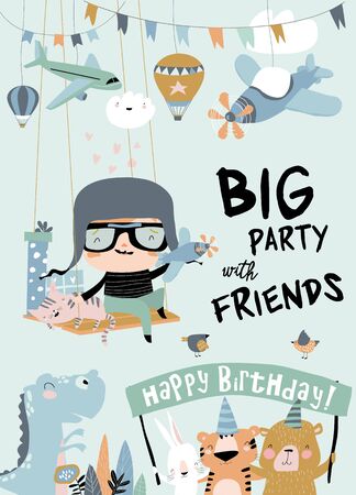 Cartoon holiday card for little boy. Happy Birthday. Vector greeting cardのイラスト素材