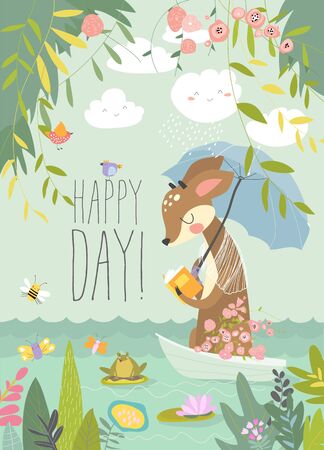 Cute deer reads book in little boat. Hello summer. Vector illustrationのイラスト素材