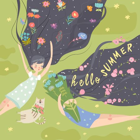 Cute girls with long hair lying on the grassのイラスト素材