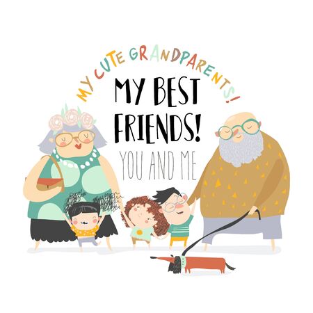 Happy grandparents hold hands with their grandchildren. Vector illustrationのイラスト素材