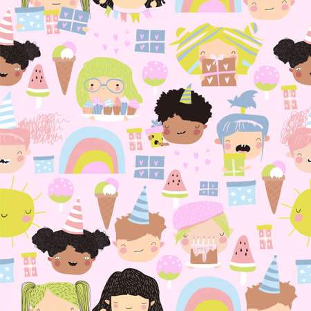 Seamless pattern of cute kids faces with birthday party elements on pink backgroundのイラスト素材