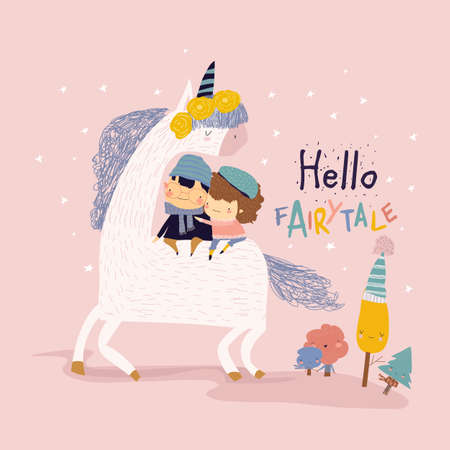Happy couple in love riding unicornのイラスト素材