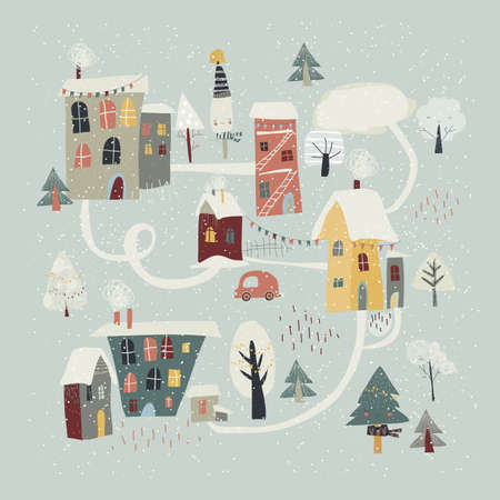 Cute little town covered snow. Hello winterのイラスト素材