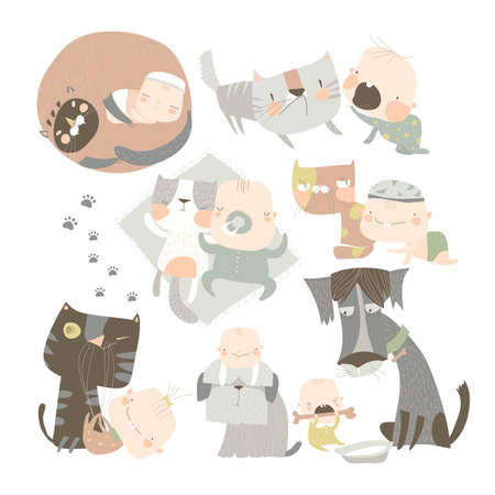 Cartoon happy baby with his funny petsのイラスト素材