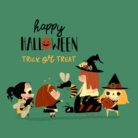 Cute little Halloween redheaded witches with insectsのイラスト素材