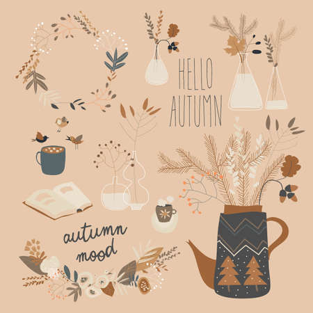 Cartoon autumn plants in different bottles. Autumn moodのイラスト素材