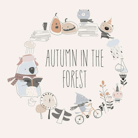 Cute animals with autumn elements. Hello autumnのイラスト素材