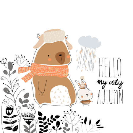 Cute bear with little bunny staying in plantsのイラスト素材