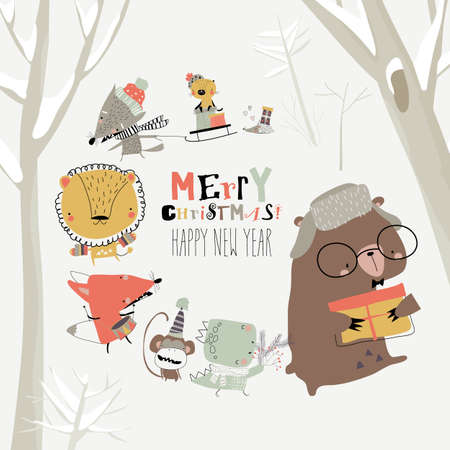 Cartoon happy animals celebrating Christmas in the forestのイラスト素材