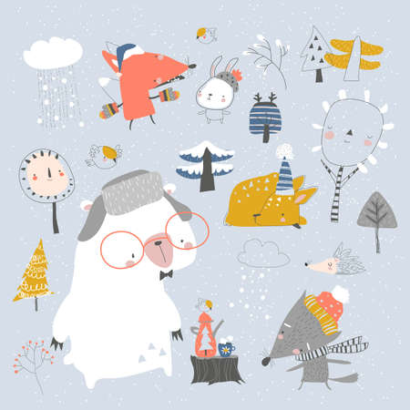 Cartoon cute animals meeting winter in the forestのイラスト素材