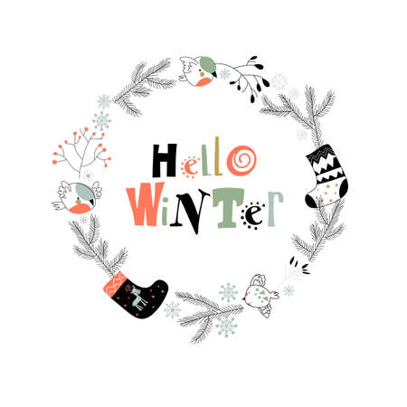 Cartoon Christmas wreath with bullfinches on white backgroundのイラスト素材