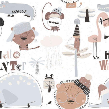 Seamless pattern with cartoon wild animals meeting winter in jungleのイラスト素材