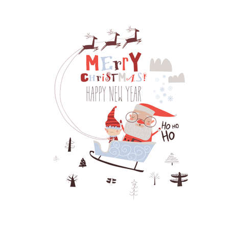 Happy Santa Claus riding sleigh with helperのイラスト素材