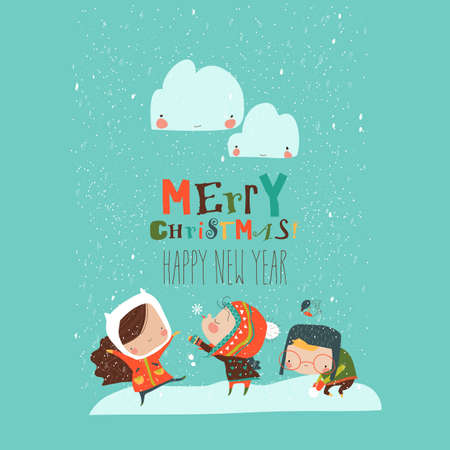 Cartoon happy children enjoying in the snowのイラスト素材