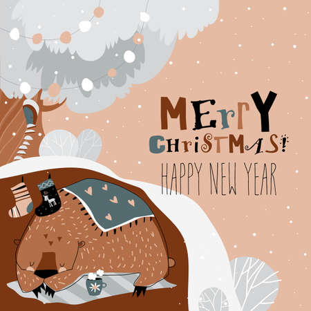 Cute cartoon bear sleeping in den in winter forestのイラスト素材