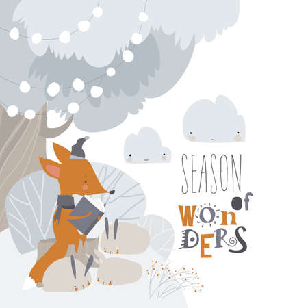 Cartoon little fox reading book for cute rabbitsのイラスト素材