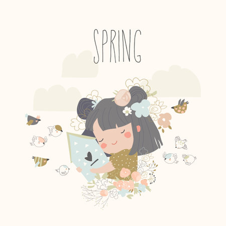 Cute girl holding birdhouse. Waiting for the springのイラスト素材