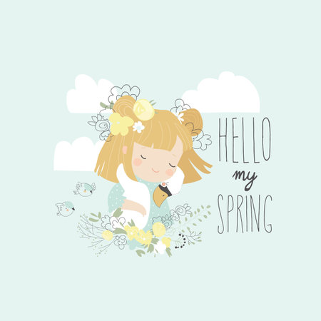 Cute girl hugging swan in blossom plantsのイラスト素材