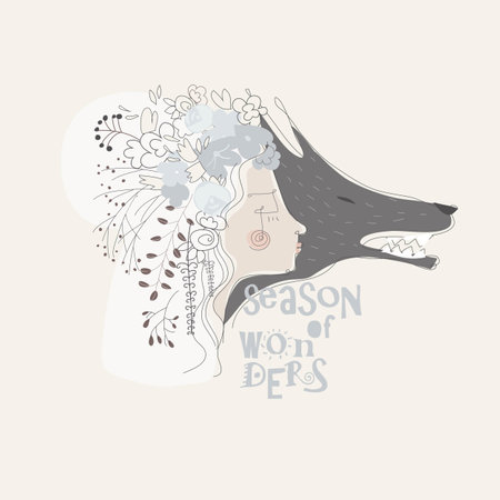 Cute girl with gray wolf. Cartoon illustrationのイラスト素材