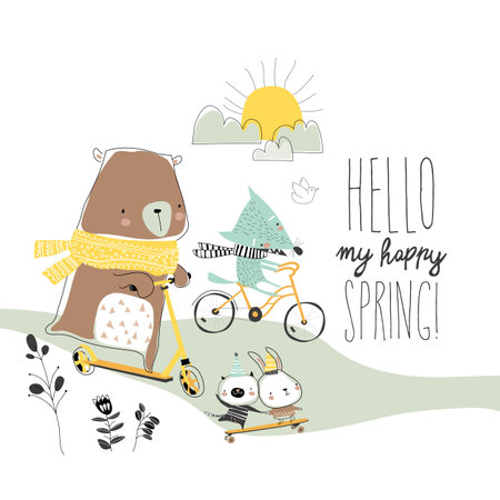 Happy animals doing sport in spring forestのイラスト素材
