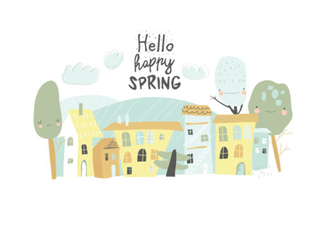 Cute little town with funny cartoon trees. Hello springのイラスト素材