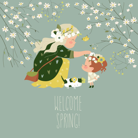 Beautiful mother with her little daughter in spring gardenのイラスト素材