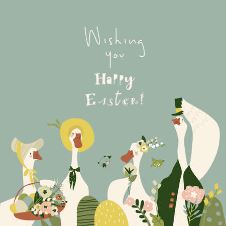 Cute cartoon gooses with Easter eggs and flowers