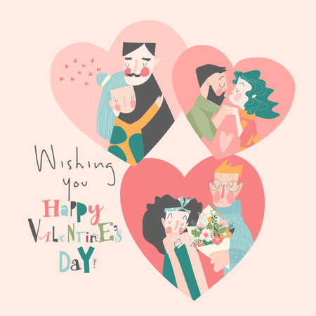 Set of Happy couples in love celebrating Valentines Dayのイラスト素材