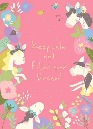 Cute magic frame composed of unicorns and flowersのイラスト素材