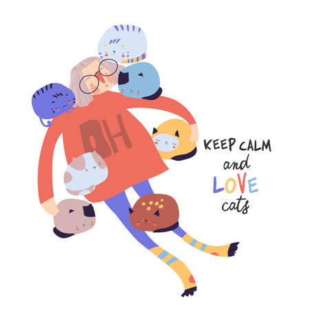 Funny girl lies with her cute catsのイラスト素材