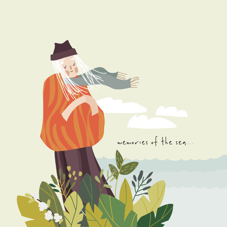 Beautiful cartoon girl standing in flowers near the seaのイラスト素材